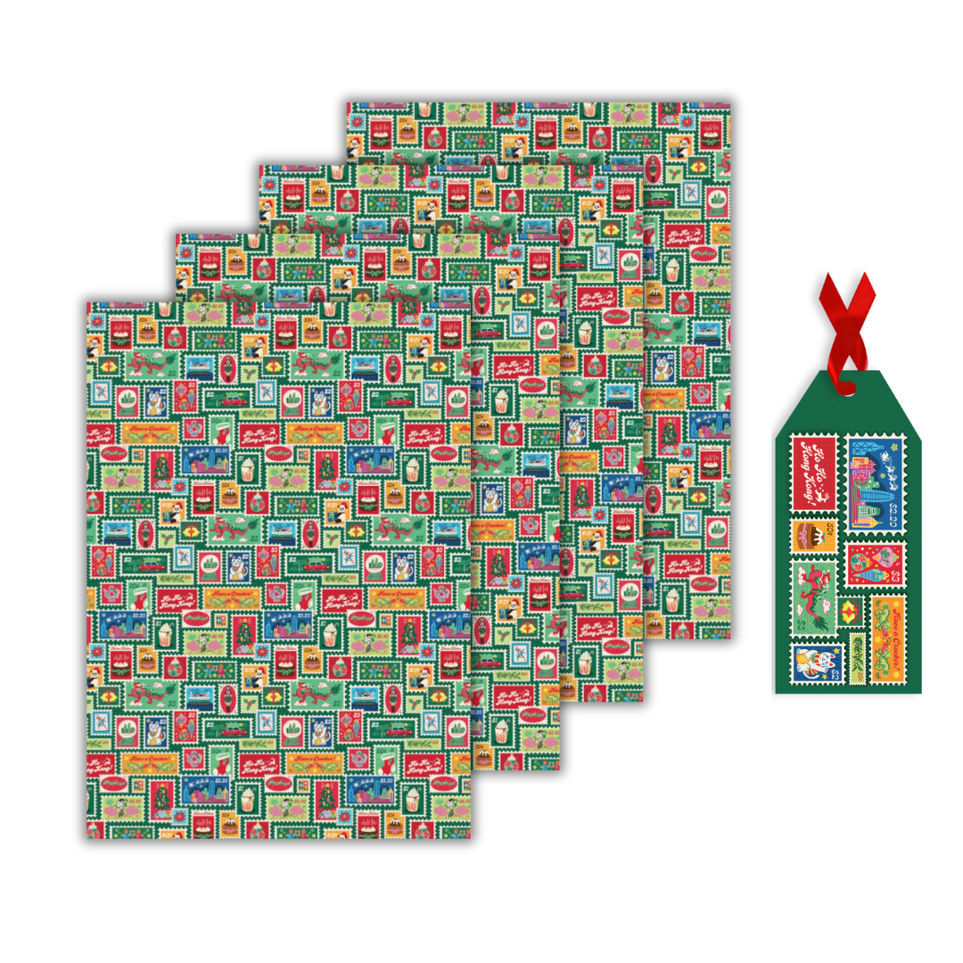 CHARITY CHRISTMAS WRAP: Festive Stamps (10 Sheets + 20 Gift Tags)