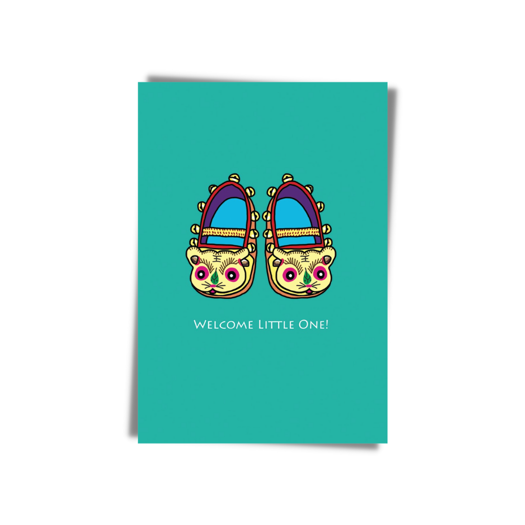 GREETING CARD: WELCOME LITTLE ONE - Tiger Slippers (2 colours)