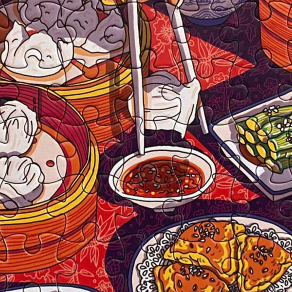 Jigsaw puzzle with a colorful illustration of various dim sum dishes on a table