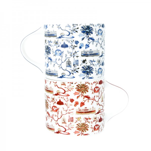 MUG: HK Toile Festive Mugs (Set Of 2) - Red & Gold And Blue & Silver