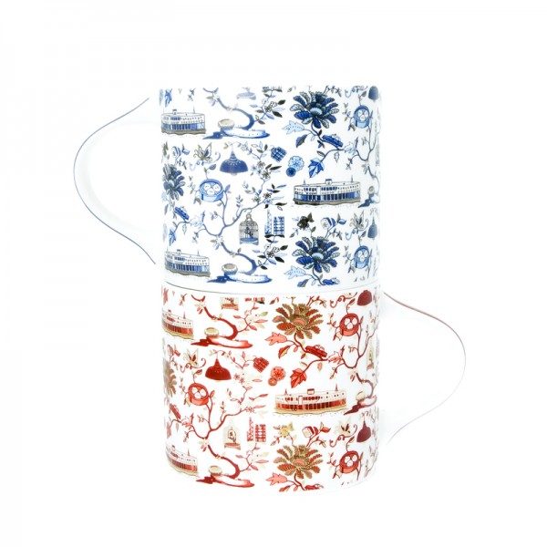 CERAMIC MUG: HK Toile Festive Mugs (Set Of 2) - Red & Gold And Blue & Silver