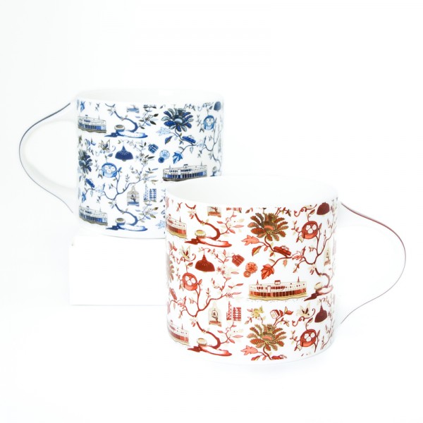 CERAMIC MUG: HK Toile Festive Mugs (Set Of 2) - Red & Gold And Blue & Silver