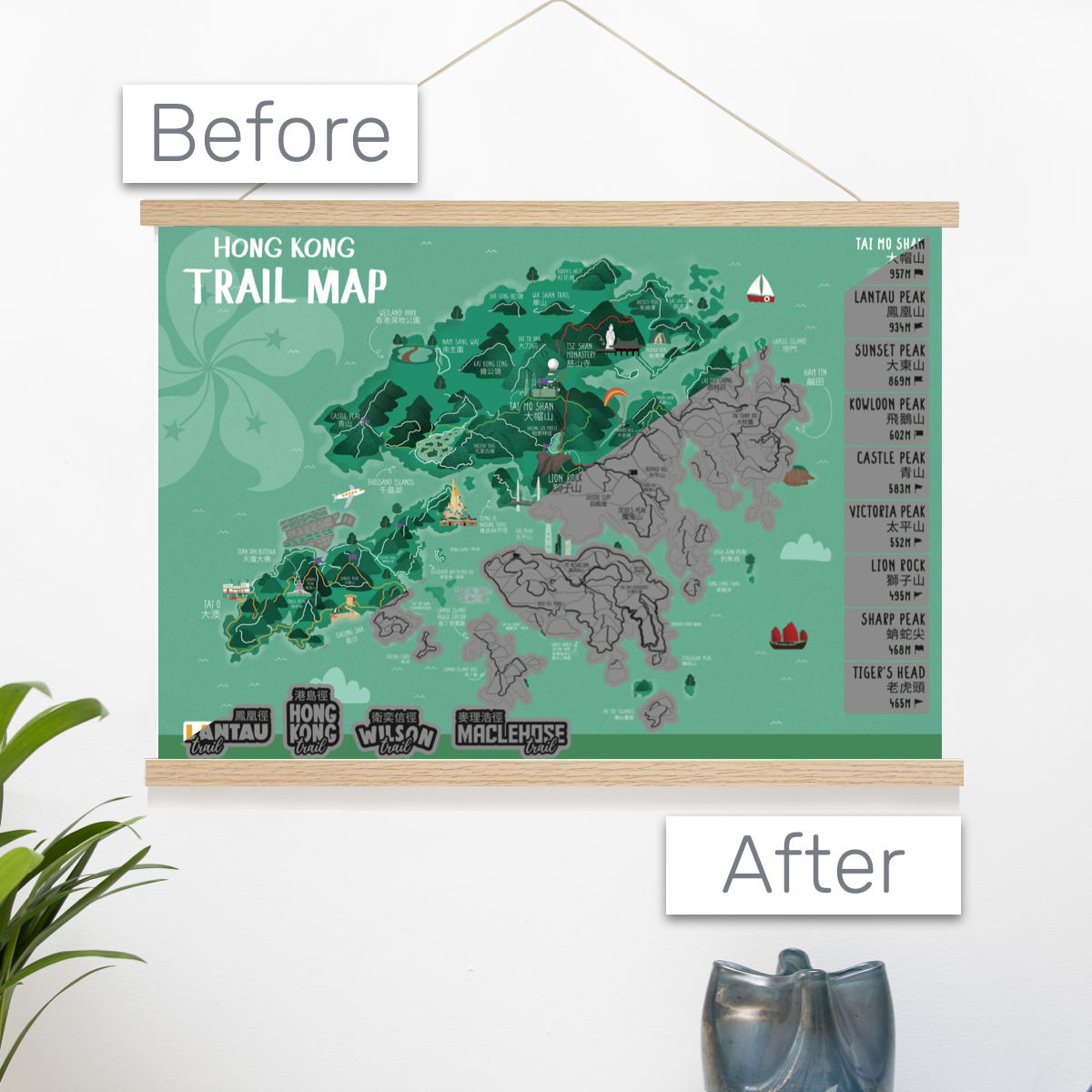 Hong Kong Scratch-Off Trail Map with Personalised Wooden Frame
