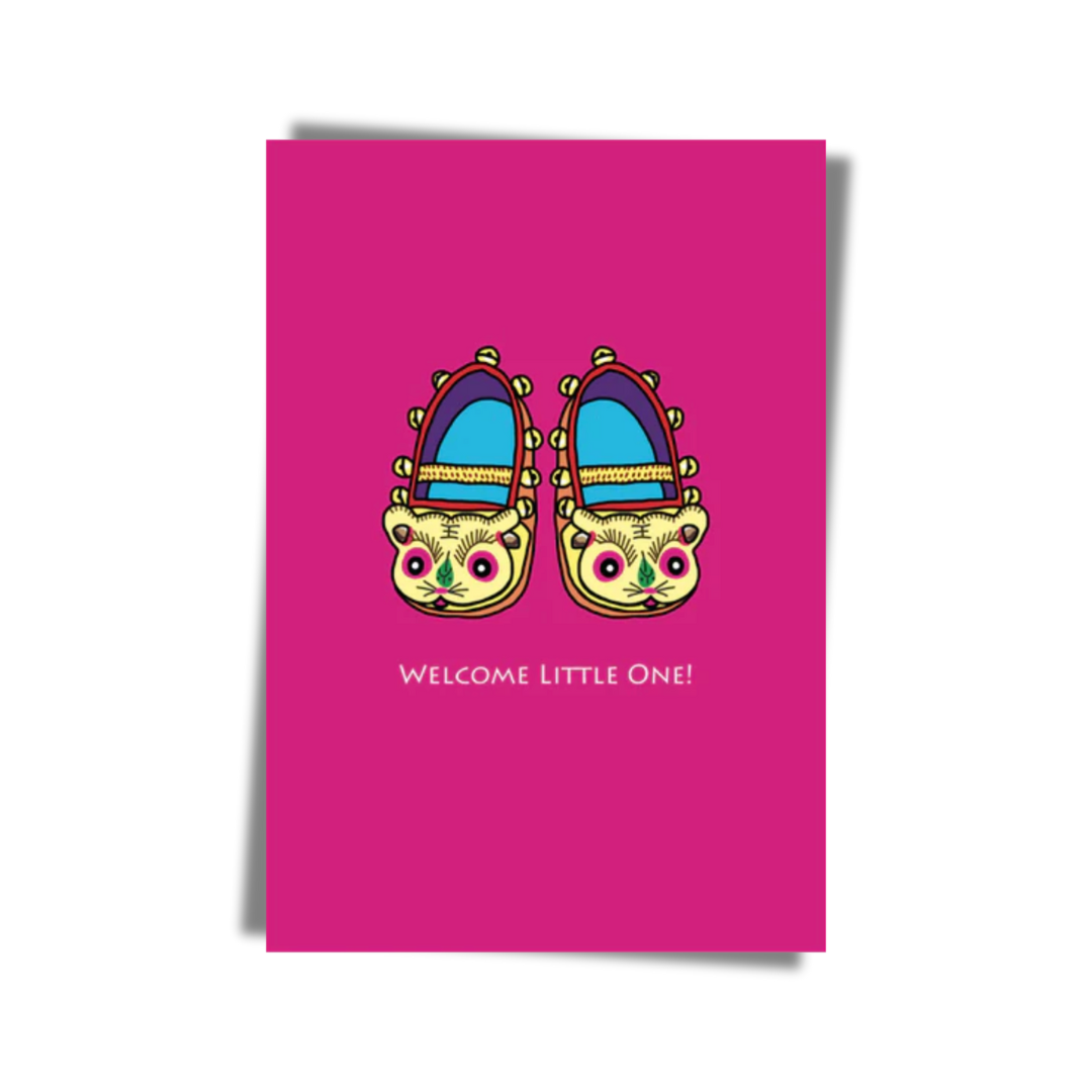 GREETING CARD: WELCOME LITTLE ONE - Tiger Slippers (2 colours)
