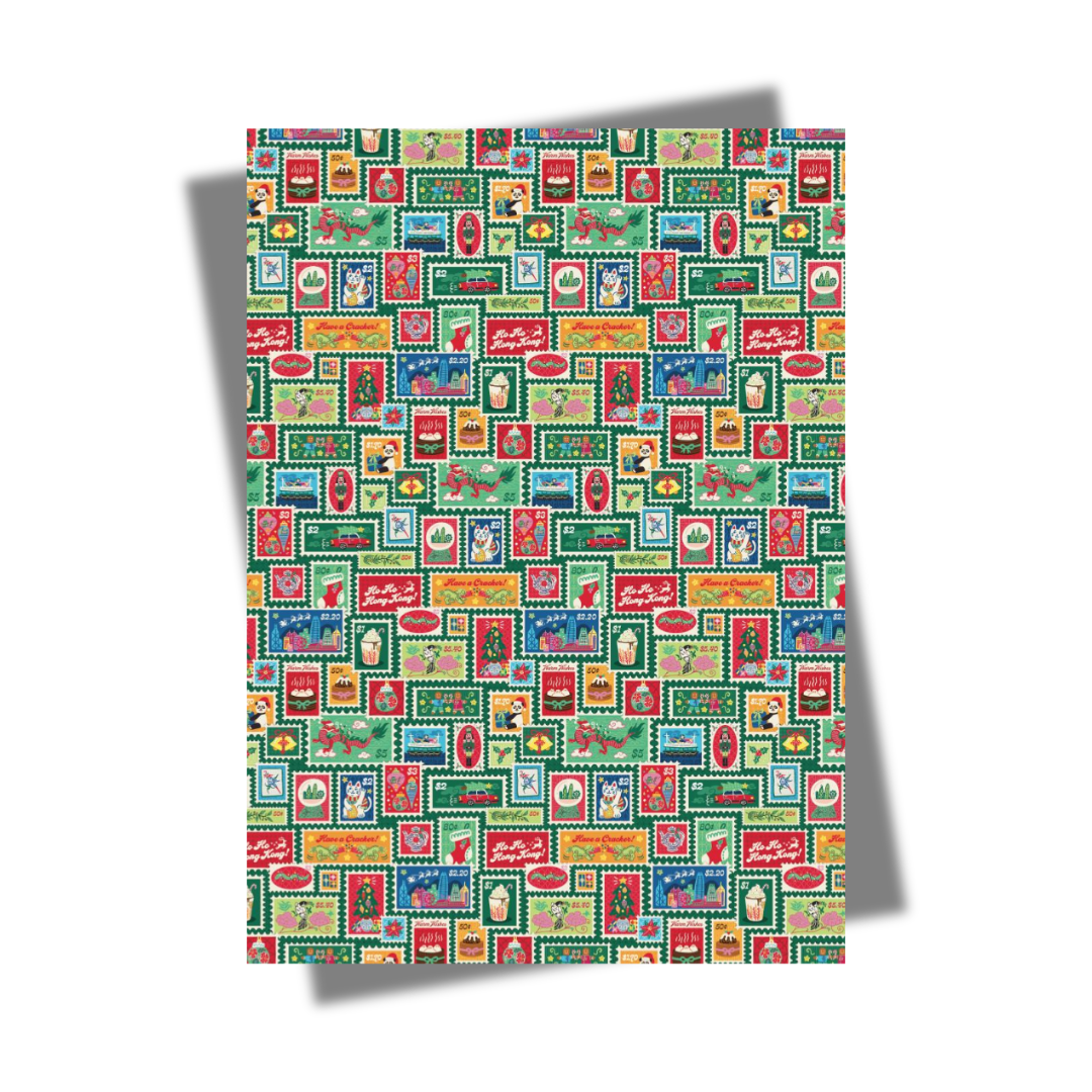 CHARITY CHRISTMAS WRAP: Festive Stamps (10 Sheets + 20 Gift Tags)