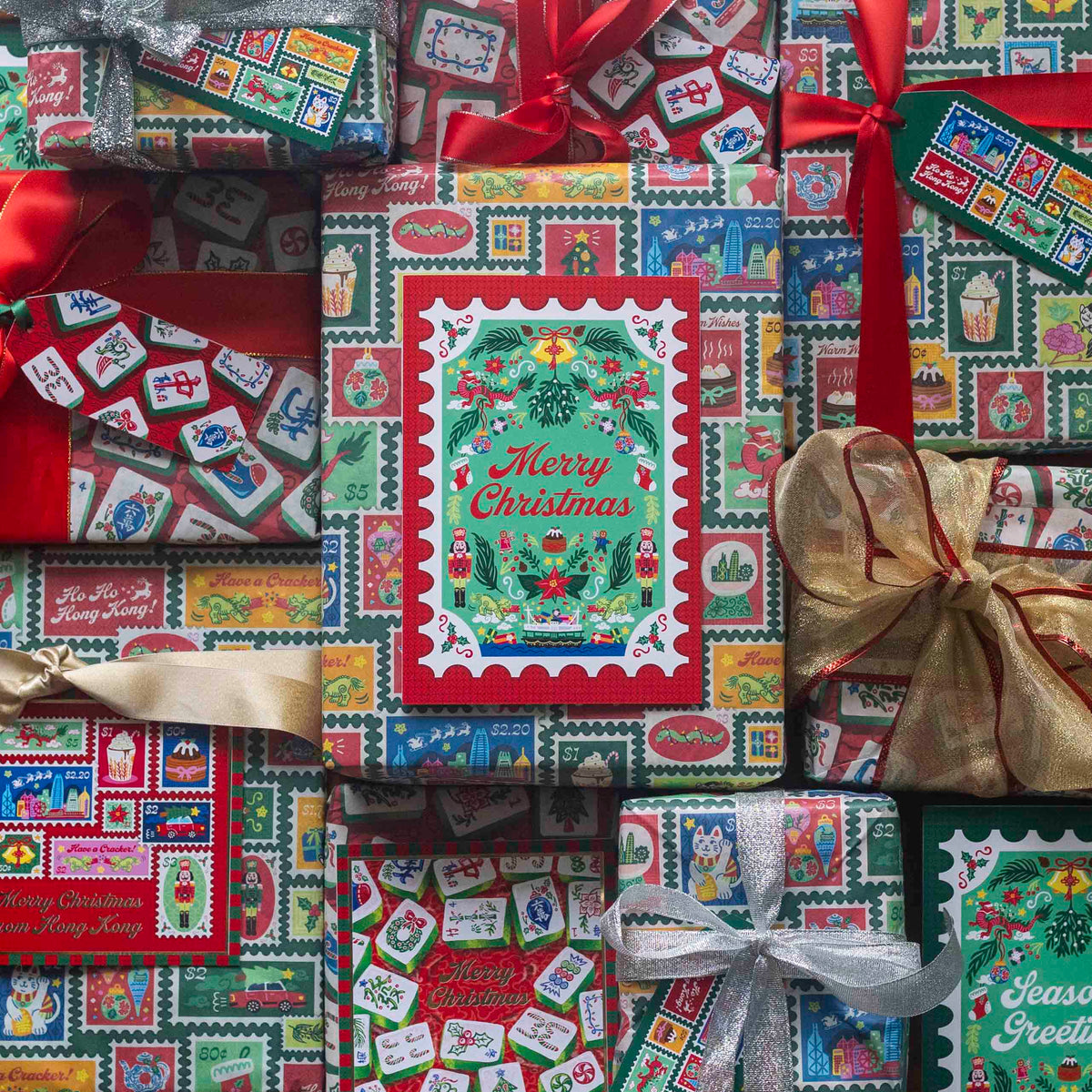 CHARITY CHRISTMAS WRAP: Festive Stamps (10 Sheets + 20 Gift Tags)
