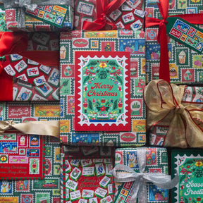 CHARITY CHRISTMAS WRAP: Festive Stamps (10 Sheets + 20 Gift Tags)