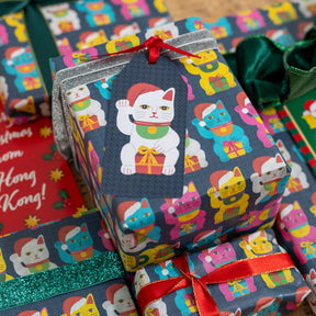 CHARITY CHRISTMAS WRAP: Santa Lucky Cat (10 Sheets + 10 Tags)
