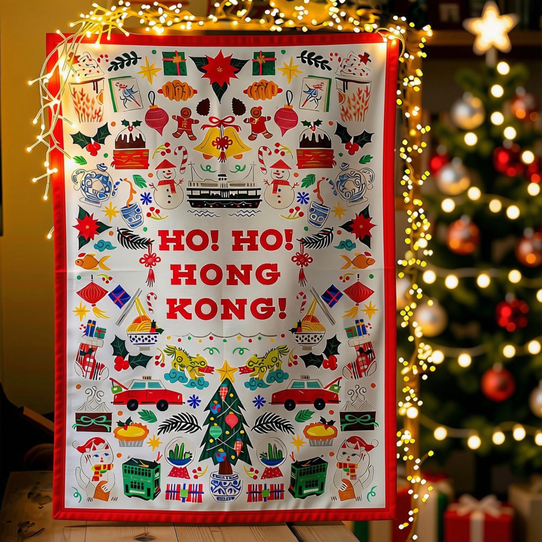 CHRISTMAS TEA TOWEL: Ho Ho Hong Kong