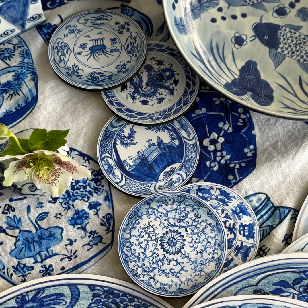 6 PC COASTER SET: Antique Chinese Plates- Blue & White