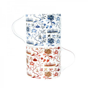 CERAMIC MUG: HK Toile Festive Mugs (Set Of 2) - Red & Gold And Blue & Silver