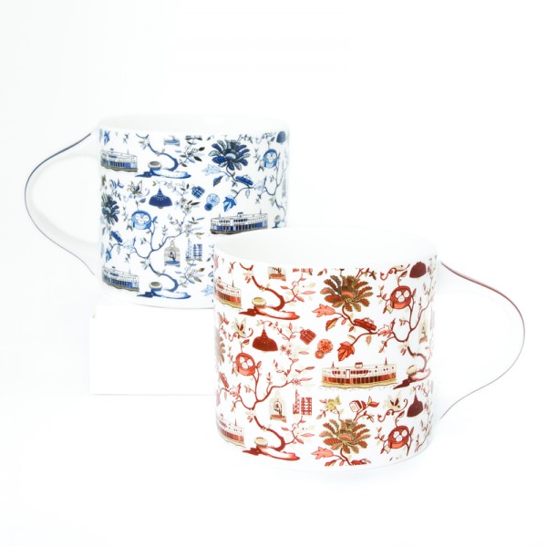 MUG: HK Toile Festive Mugs (Set Of 2) - Red & Gold And Blue & Silver