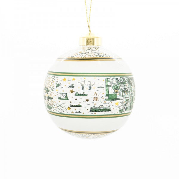 CERAMIC BAUBLE: Willow HK & KL Christmas Bauble - Green & Gold