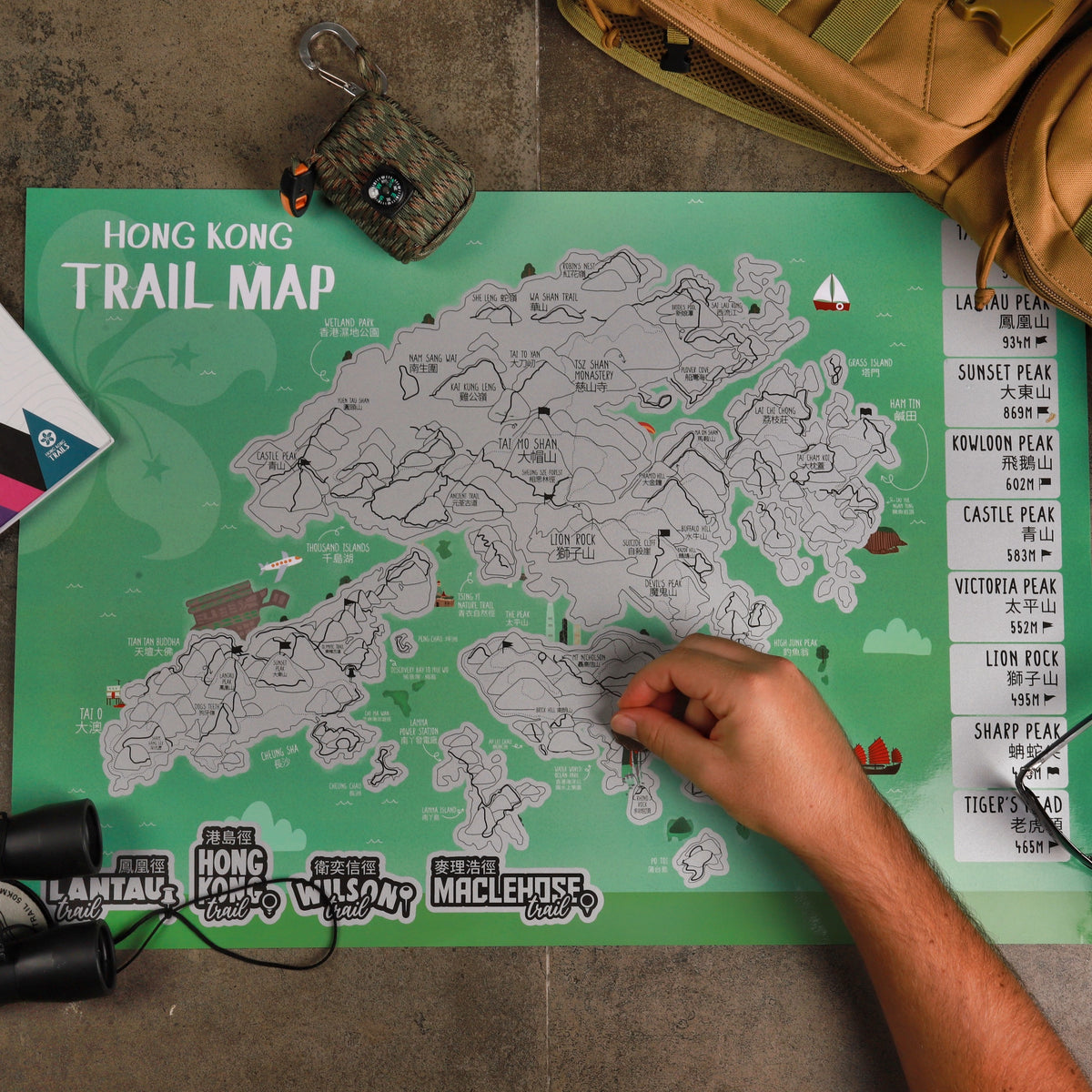 Hong Kong ScratchOff Trail Map with Personalised Wooden Frame